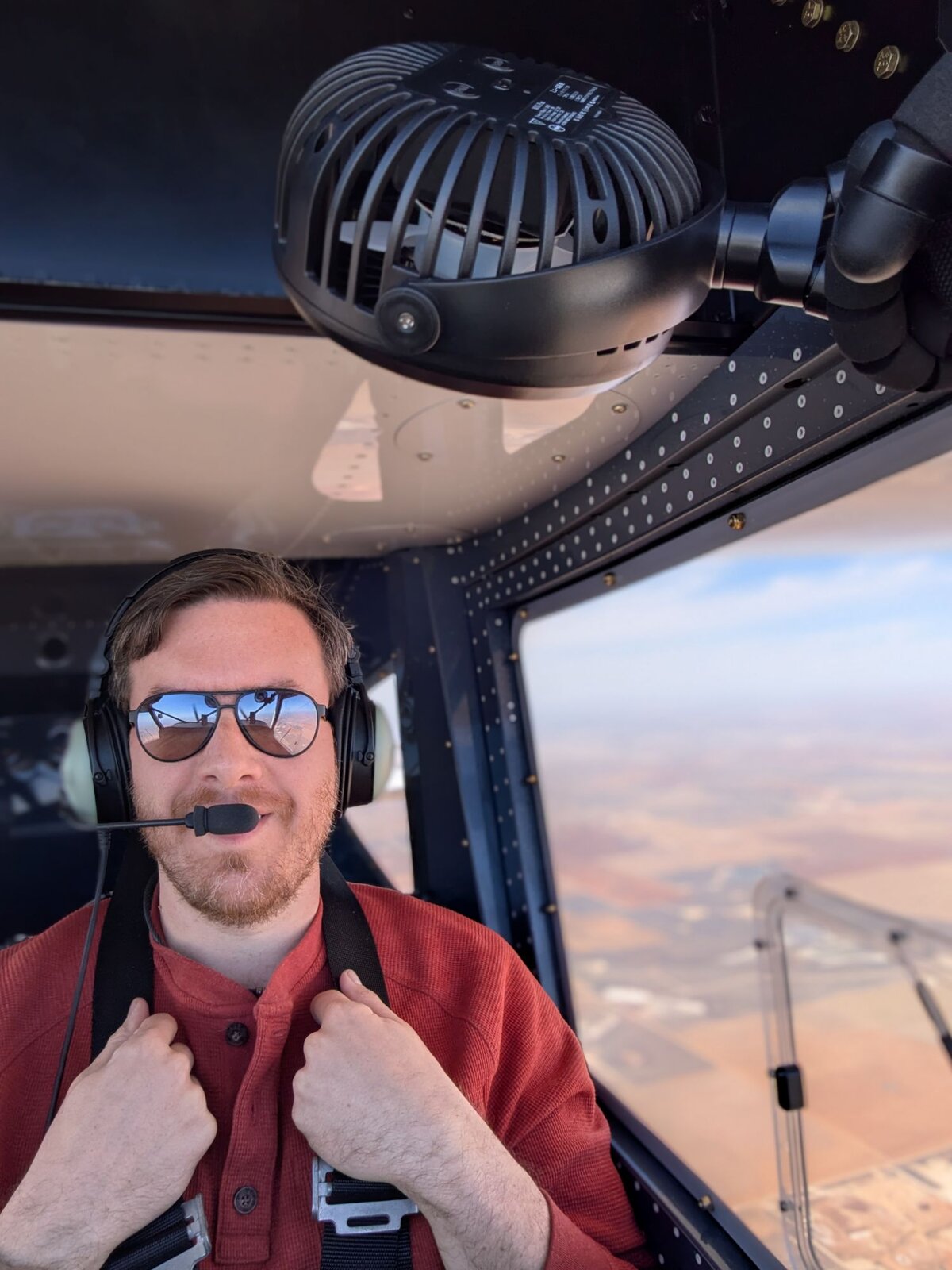 Josh sitting in the plane during a cross-country cruise